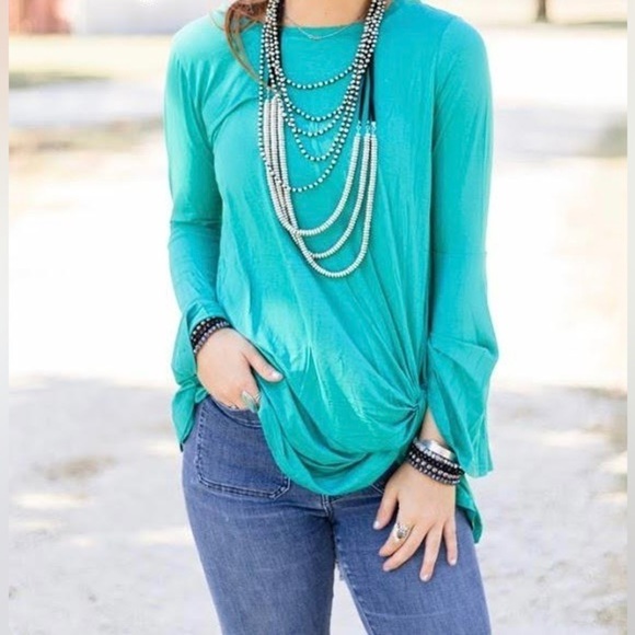 Crazy Train “Knot for Long” Womens Size Small Teal Tunic with Long Bell Sleeve - Picture 2 of 7